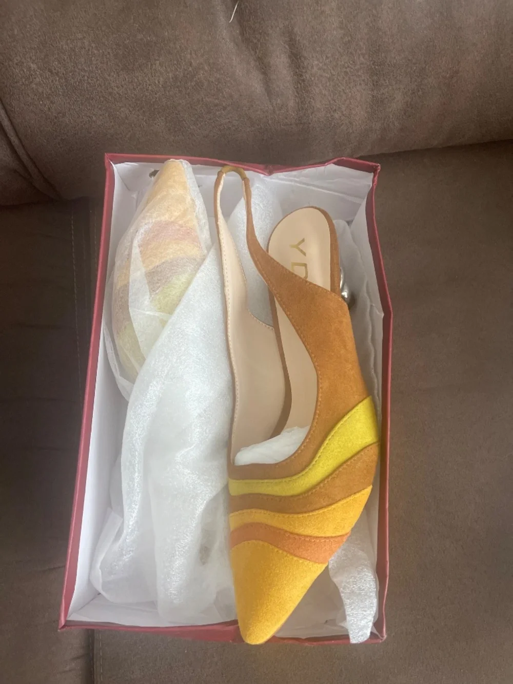 YDN Yellow Floral Metallic Spiral Heels Slip On Sandals Slingback Elastic Pumps